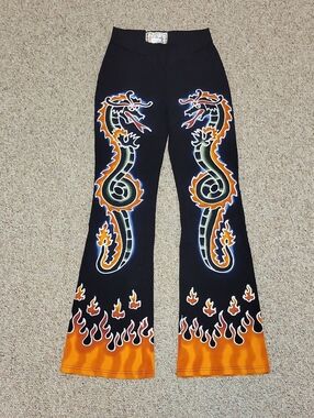 Designs By Naomi Black Dragon & Flame Flared Yoga Pants Medium Artsy Colorful